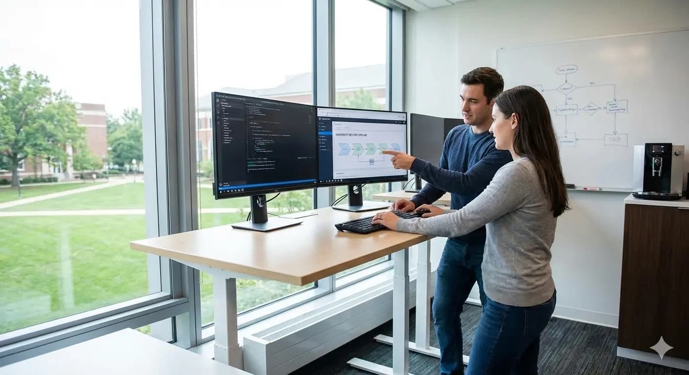 DevOps engineers collaborating in a modern agile workspace